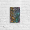 Colorful abstract painting on white brick wall.
